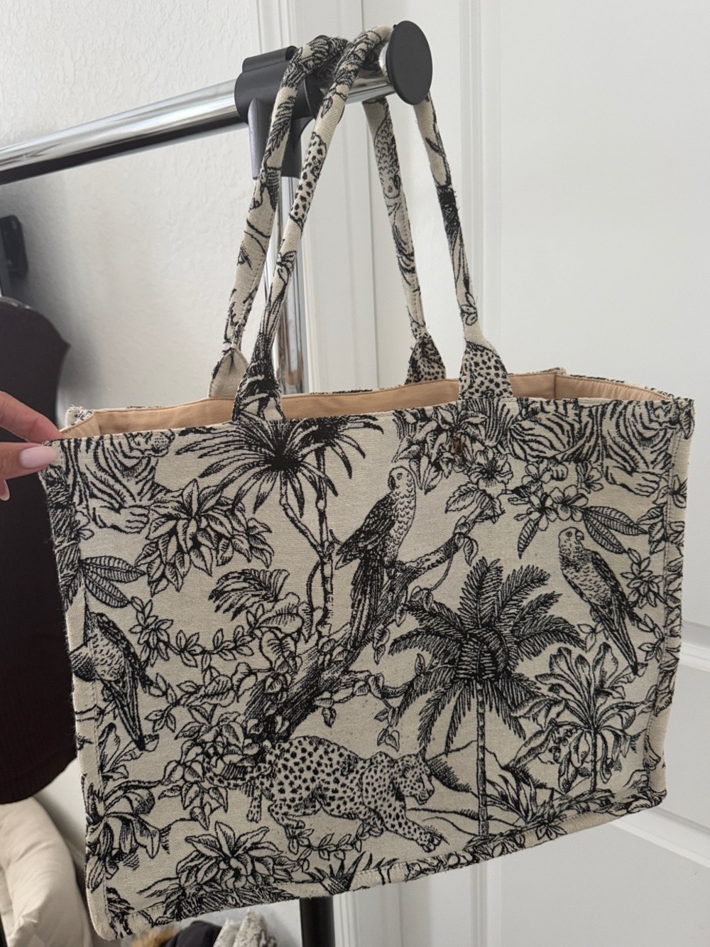 Canvas Tote Bag with Black Tropical Print - Women's Handbag